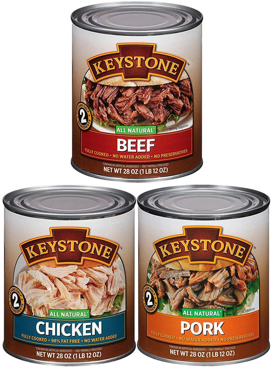 (6 Cans - 2 of Each) Keystone All Natural Beef, Chicken and Pork 28oz Cans Combo Emergency Survival Ready to eat Long Shelf Life Camping Food